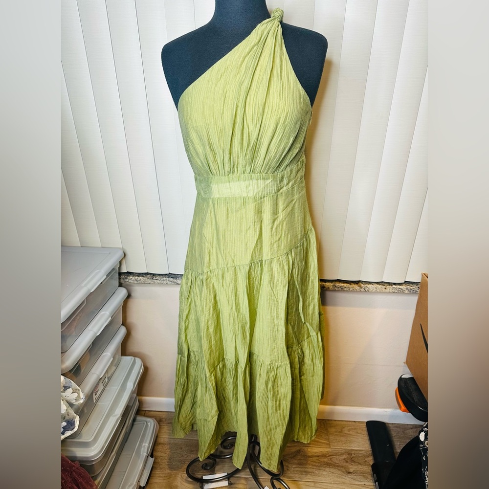 Showpo Edeline Midi One Shoulder Twist Tiered Dress Olive Evening Size 6 NEW